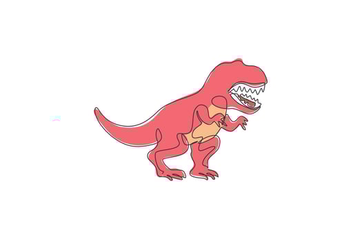 Single continuous line drawing of scary tyrannosaurus rex dinosaurs. Prehistoric museum logo concept. Trendy one line draw design graphic vector illustration