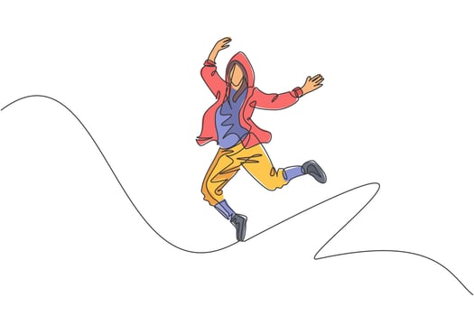One continuous line drawing of young sporty break dancer man show hip hop jumping dance style in the street. Urban lifestyle sport concept. Dynamic single line draw design vector graphic illustration