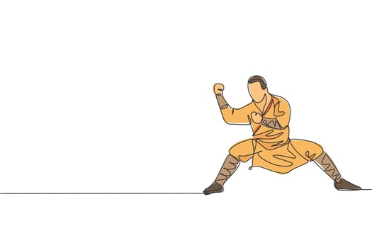 Single continuous line drawing young muscular shaolin monk man train martial art at shaolin temple. Traditional Chinese kung fu fight concept. Trendy one line draw graphic design vector illustration