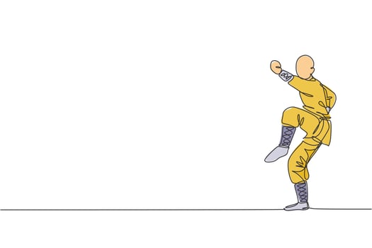 Single continuous line drawing young muscular shaolin monk man train martial art at shaolin temple. Traditional Chinese kung fu fight concept. Trendy one line draw graphic design vector illustration