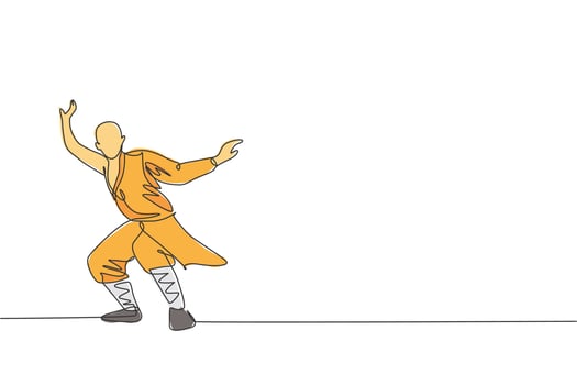 Single continuous line drawing young muscular shaolin monk man train martial art at shaolin temple. Traditional Chinese kung fu fight concept. Trendy one line draw design graphic vector illustration