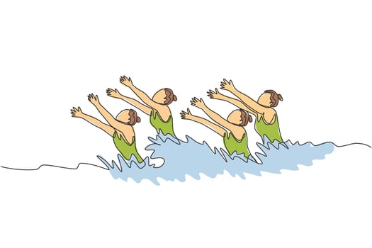 One single line drawing of young beauty women swimmer performing synchronized routine of elaborate moves in the water vector illustration. Team water sport event concept. Modern continuous line draw
