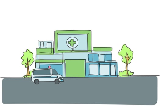 Continuous one line drawing hospital building construction at countryside. Medical health care infrastructure hand drawn minimalist concept. Modern single line draw design vector graphic illustration