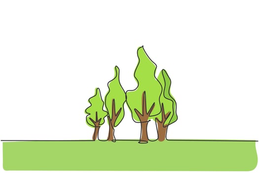 Single continuous line drawing of green frees tree for park icon. Natural plant garden isolated minimalism concept. Dynamic one line draw graphic design vector illustration on white background