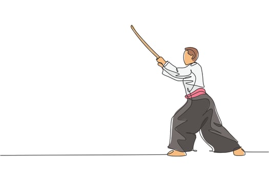 Single continuous line drawing of young sportive man wearing kimono practice aikido with wooden sword fighting technique. Japanese martial art concept. Trendy one line draw design vector illustration