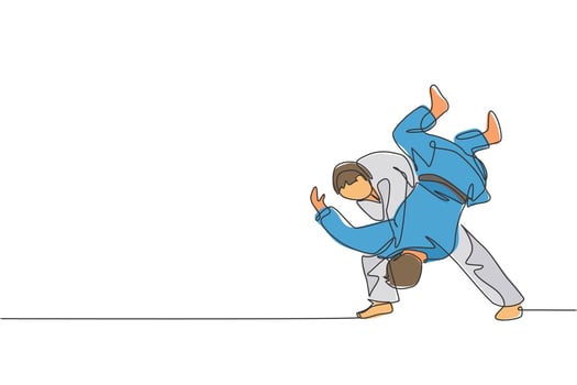 One single line drawing of two young energetic judokas fighter men battle fighting at gym center vector graphic illustration. Martial art sport competition concept. Modern continuous line draw design