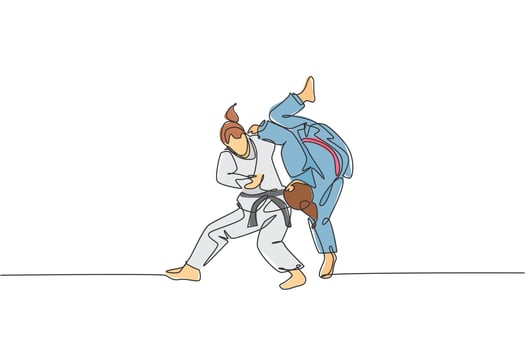 One continuous line drawing two young sporty women training judo technique at sports hall. Jiu jitsu battle fight sport competition concept. Dynamic single line draw design graphic vector illustration