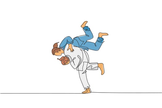Single continuous line drawing two sportive judoka fighter women practice judo skill at dojo gym center. Fighting jujitsu, aikido sport concept. Trendy one line draw graphic design vector illustration