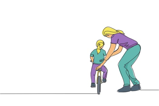 One single line drawing young mother teaching her daughter riding bicycle at public park graphic vector illustration. Motherhood lesson. Urban family time concept. Modern continuous line draw design