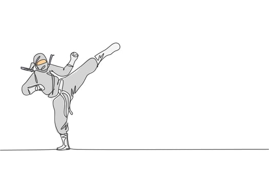 Single continuous line drawing of young Japanese culture ninja warrior on mask costume with attacking kick pose. Martial art fighting samurai concept. Trendy one line draw design vector illustration