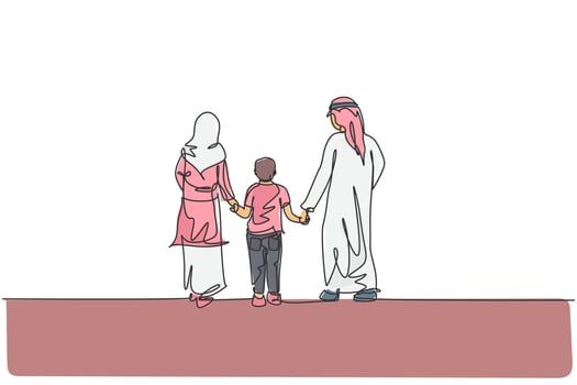 One single line drawing of young Islamic mom and dad walking together and hold their boy's hand vector illustration. Arabian muslim happy family parenting concept. Modern continuous line draw design