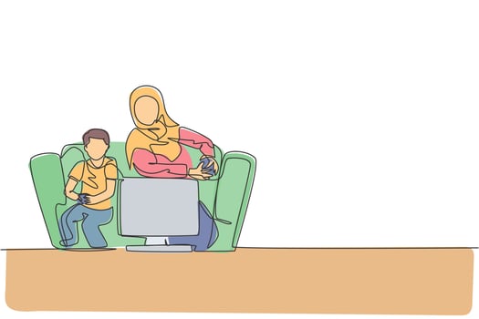 One continuous line drawing of young Islamic mother play console game with her son together at home. Happy Arabian muslim parenting family concept. Dynamic single line draw design vector illustration