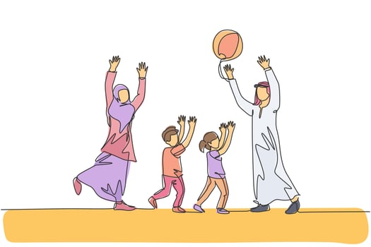 One continuous line drawing of young Arabian couple playing throwing ball together with daughter and son. Happy Islamic muslim parenting family concept. Single line draw design vector illustration
