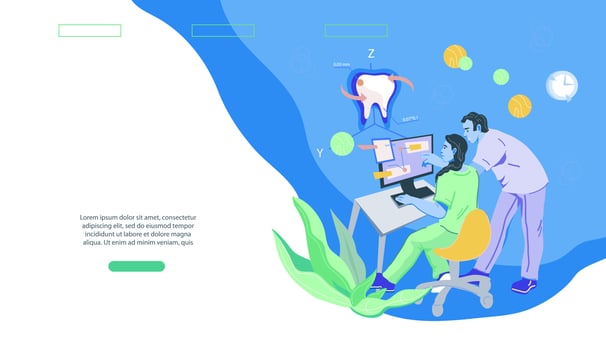 Dentistry and stomatology services website banner template with dentists modeling dental treatment process, flat vector illustration. Landing page for dental care and transplant or implant of teeth.