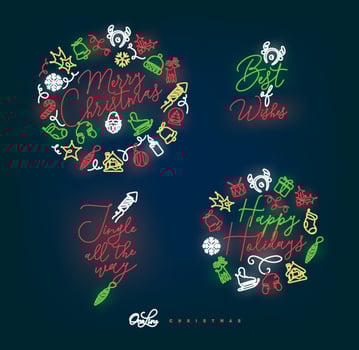 Christmas pen line monograms with lettering for winter holidays drawing with color on dark background vector
