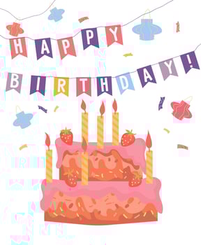 Happy birthday card template with cake and candles, flat vector illustration on white background. Birthday invitation or greeting card mockup in pastel colors tints.