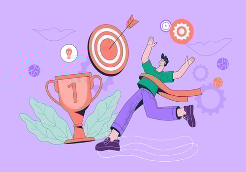 Cheerful businessman running towards the goal, cartoon flat vector illustration. Business concept of goal achievement and success, career and prosperity.