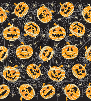Seamless Pattern of Halloween Pumpkin Mummy with Spider Web- Halloween Vector Illustration
