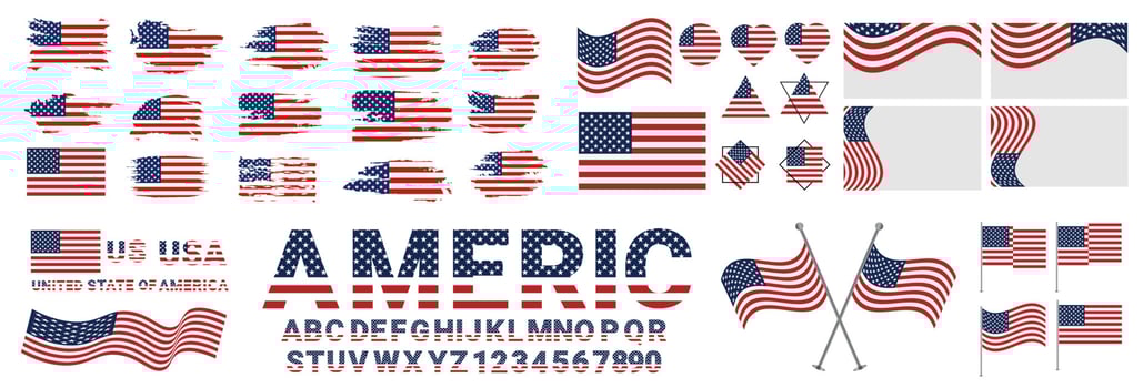 bundle of USA, United States of America icon flag symbol sign vector  mega collection illustration design. usa flag brush vector design set mega collection. usa and america text design with usa flag.