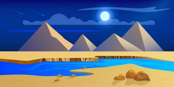 Egyptian desert with river and pyramids at night. Landscape with sand dunes, moon and stars in the sky. Vector illustration