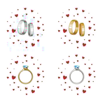 Wedding Ring Illustration, Gold and silver Engagement rings collection, wedding ring set vector