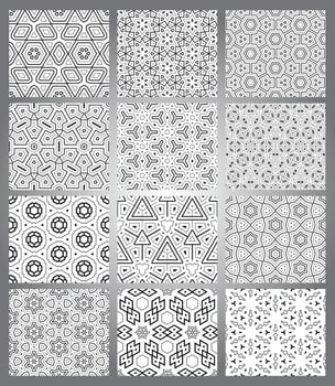Set of abstract fantasy thin line hexagon, triangle geometric seamless patterns. Creative mosaic, tile background collection. vector