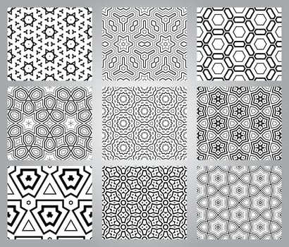 Set of abstract fantasy thin line hexagon, triangle geometric seamless patterns. Creative mosaic, tile background collection. vector
