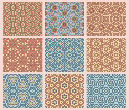Abstract fantasy thin line hexagon, triangle geometric seamless pattern set. Creative mosaic, tile backgrounds. vector