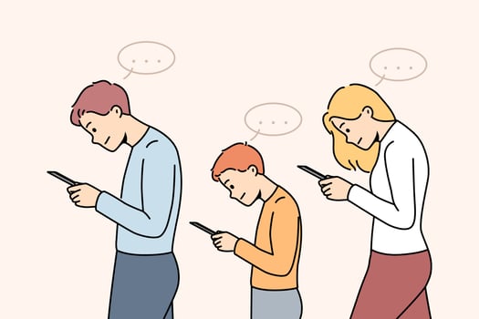 família com criança andar usando celular. pais e criança viciado para smartphones. tecnologia e aparelhos vício. vetor ilustração.