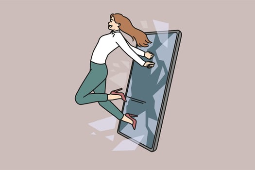Confident businesswoman jump out of cellphone screen. Smiling woman go out of smartphone free from internet censorship and information. Vector illustration.