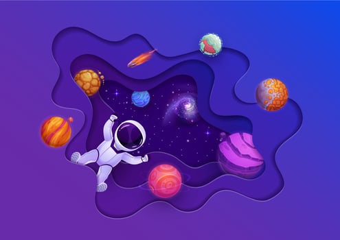 Cartoon space paper cut with astronaut and planets vector