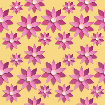 Floral seamless pattern in paper cut style. Pink origami flowers on yellow background. Vector illustration.