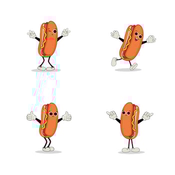 Hot Dog Cartoon mascot character. Food concept. Posters, menus, brochures, web, and icon fast food.  illustration fast food. Funny hot dog, wiener, frankfurter character with eyes, legs. vector
