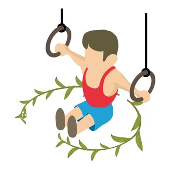 Gymnastics icon isometric vector. Male gymnast on still ring and green branch vector