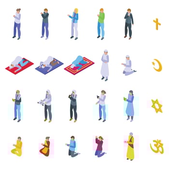 People pray icons set isometric vector. Muslim carpet vector