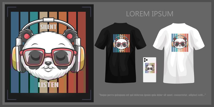 Panda head t-shirt design listening to music using earphones, complete with mockup. vector
