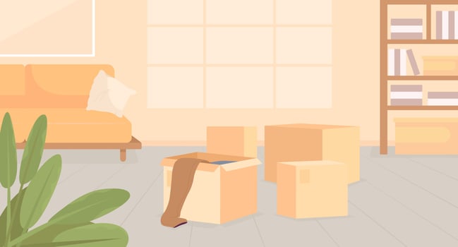 Cluttered living room with cardboard boxes flat color vector illustration. Organizing belongings. Messy apartment before moving. Fully editable 2D simple cartoon interior with furniture on background