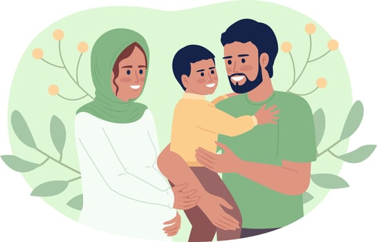 Cheerful young family flat concept vector spot illustration. Editable 2D cartoon characters on white for web design. Pregnant mother and father carrying son creative idea for website, mobile, magazine