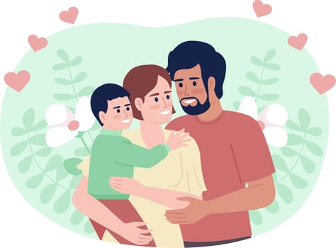 Happy young family flat concept vector spot illustration. Editable 2D cartoon characters on white for web design. Parents with toddler hugging creative idea for website, mobile, magazine