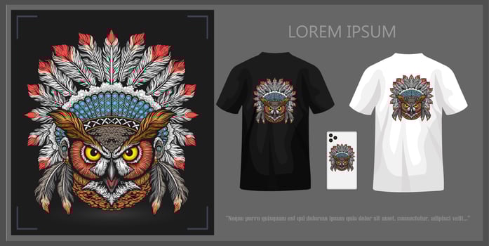 Tribal chief owl t-shirt design, complete with mockup. vector