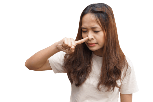 Asian woman pinching her nose with her hands not to get stinky png