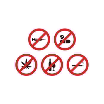 No Smoking, No Drugs and Pill, No Cannabis and No Alcohol Forbidding Vector Signs Icon
