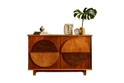 Wooden sideboard with home decorations isolated on a transparent background png