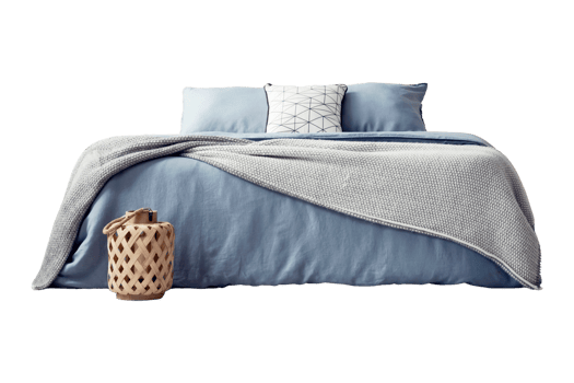 Bed with blue bed sheets, pillows and beige basket isolated on a transparent background png