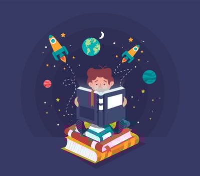 World book day - Kid reading imagination vector
