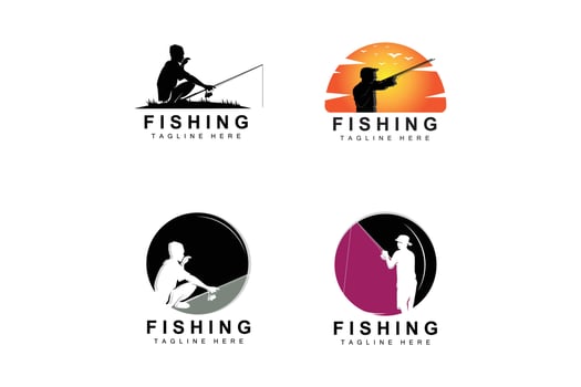 fishing logo icon vector, catch fish on the boat, outdoor sunset silhouette design vector