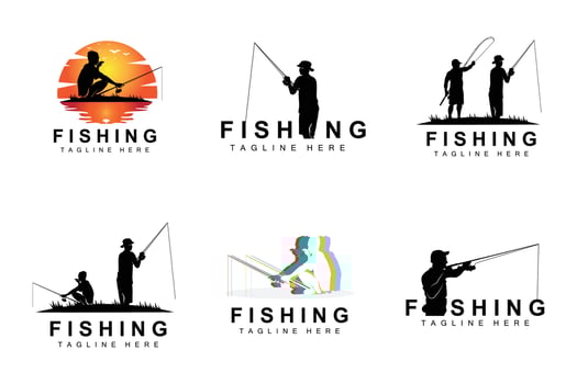 fishing logo icon vector, catch fish on the boat, outdoor sunset silhouette design vector