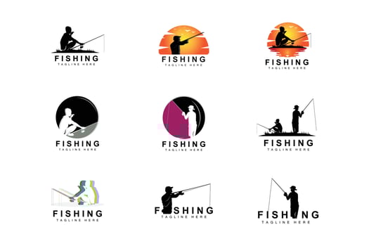 fishing logo icon vector, catch fish on the boat, outdoor sunset silhouette design vector
