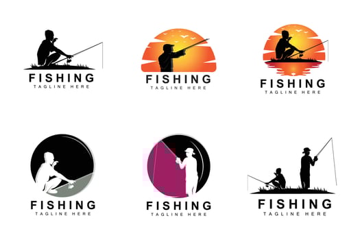 fishing logo icon vector, catch fish on the boat, outdoor sunset silhouette design vector