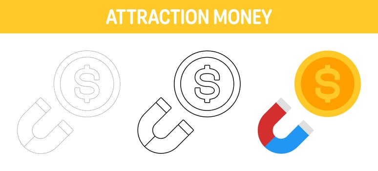 Money Attraction tracing and coloring worksheet for kids vector